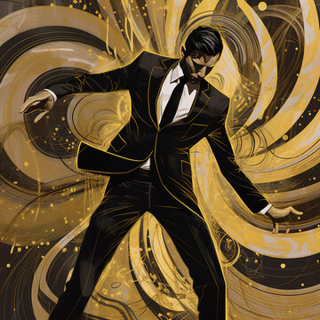 Businessman twirling, suit and tie, gold and black colors in background, generative AI