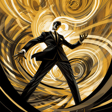 Businessman twirling in a suit and tie, gold and black theme, generative AI