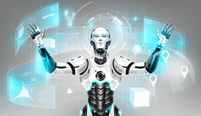 AI Artificial intelligence in humanoid with 3d hologram interface. Future cybernetic artificial intelligence technology concept, vector illustration. - obrazy, fototapety, plakaty