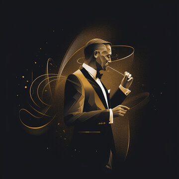 Businessman illustration, standing to the side with a cigar. black and gold colors, generative AI