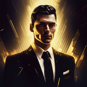Businessman portrait in black and gold, suit and tie, generative AI