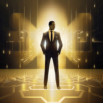 Businessman standing on a black and gold platform, generative AI
