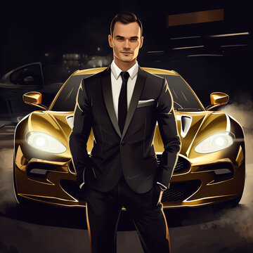 Wealthy businessman standing in front of an expensive car, gold and black colors, luxurious and rich, generative AI