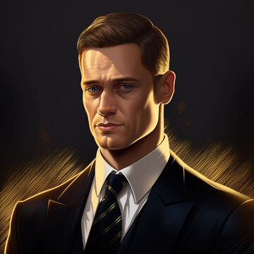 Portrait illustration of a businessman in a suit and tie, black and gold colors, rich and wealthy, generative AI