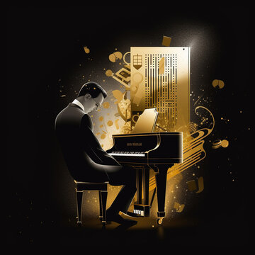Man in a suit and tie playing a piano, abstract illustration with black and gold colors, generative AI