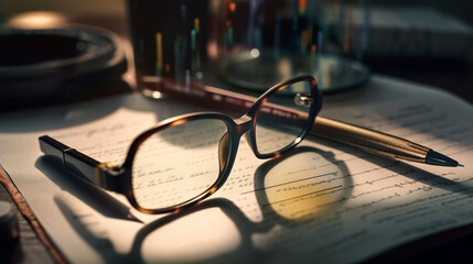 Glasses and notebook on the table in office close-up.generative ai