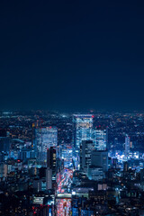 Tokyo Shibuya area panoramic view with car light trails at night.	
