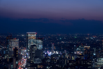 Tokyo Shibuya area panoramic view at night.	