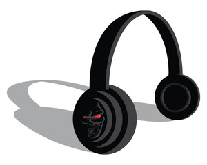 Naklejka premium vector design of a device for listening to music or songs that is usually worn on the ear called black headphones where there is a skull face with red eyes on the front