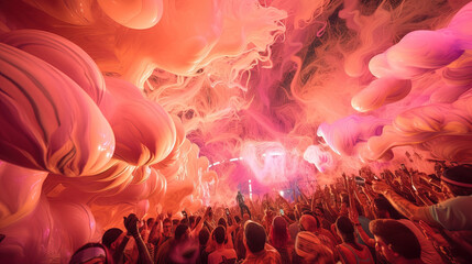 Vibrant Music Festival with Friends Bathed in Pulsing Psychic Waves of Pink and Orange created using generative ai - obrazy, fototapety, plakaty