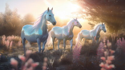 Soft-Lit Pastel Unicorns Grazing in a Magical Field with Psychic Waves created using generative ai