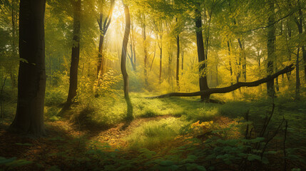 A Golden Hour Walk Through a Sunlit Forest of Lush Green Trees created using generative ai