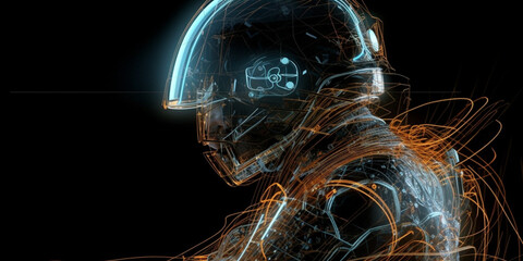 A nonexistent human with helmet,  technology background , human with space suit , Generative AI