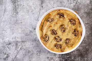Cannelloni stuffed with meat and cheese baked in bechamel sauce in a white baking dish on a dark grey background. Top view, flat lay