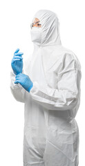 Worker wears medical protective suit or white coverall suit with mask and goggles