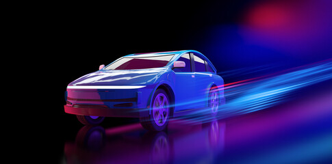 Ev car or electric vehicle motion drive on neon glow background