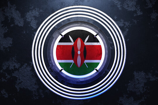 3D illustration of the national flag of Kenya    in a pink and blue neon round frame on a black background.