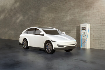 Ev car or electric vehicle charge battery plug in with home recharging station