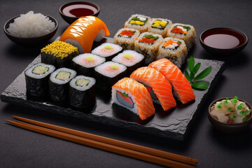 Sushi and roll set on black table, Generative AI