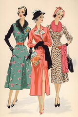 1960s vintage fashion illustration women, made with generative ai