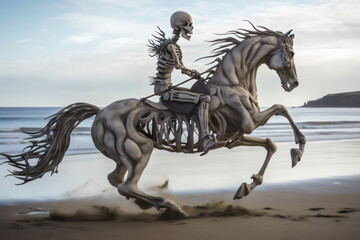 skeleton horse and rider galloping along the beach, made with generative ai