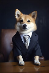 shiba inu dog wearing suit and tie in office job, made with generative ai