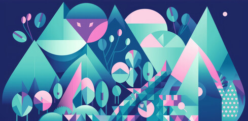 An abstract geometric forest in cool, light colors. Generative AI. 