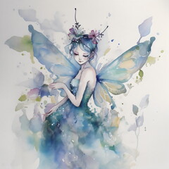 Obraz na płótnie Canvas watercolor blue and green fairy on white paper, made with generative ai