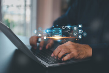 Cloud computing data management technology system for computer network cyber security or database file document transfer and sharing, big data for finance data analytics to growth concepts.