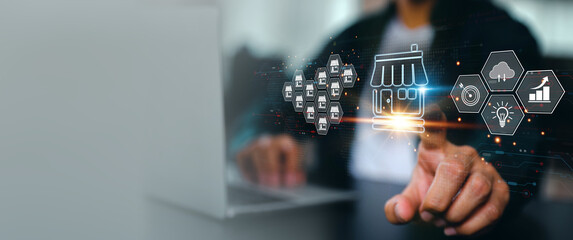 Franchise business e-commerce online e-marketplace or digital marketing branch expansion for growth or use technology to analyze product consumer data website management plan for sale service concept.