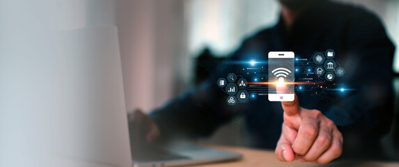 Digital marketing with graph and social media technology for growth planning or internet mobile banking bill payment or online shopping or financial cyber security and customer service concept.