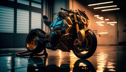 Golden super bike in a garage with neon lights in the background. Generative AI