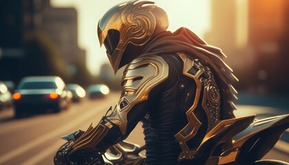 Fototapeta na wymiar Biker with golden outfit and super bike in the city during the day. Generative AI