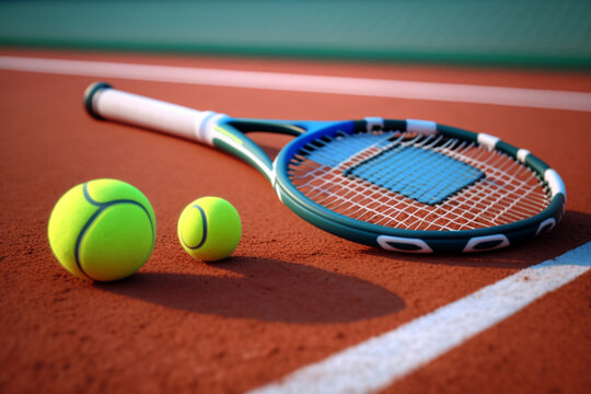 Tennis racket and balls on the clay tennis court, Generative AI