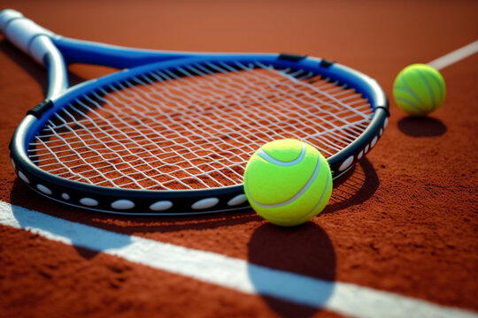 Tennis racket and balls on the clay tennis court, Generative AI