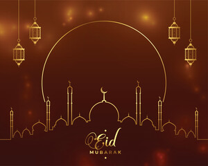 eid mubarak holiday card with line style golden mosque