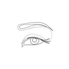 Eye with eyebrow, continuous line drawing, small tattoo, print for clothes and logo design, emblem or logo design, logo for the studio eyelash, isolated vector illustration.
