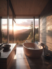 Modern wooden bathroom with bathtub Generative AI