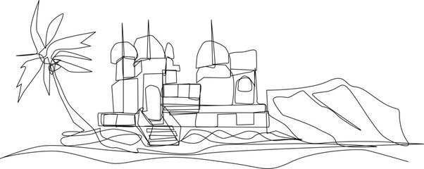 One line art. continues line art. old house in the sand