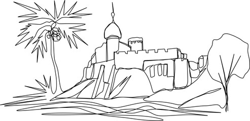 One line art. continues line art. hand-drawn illustration of a desert and fortress