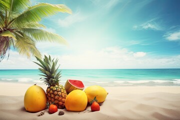 A juicy pineapple on a tropical beach. Summer Concept. Generative AI