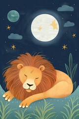 Cute lion sleeping under the Moon and Stars. Children’s & Nursery style Illustration created using generative AI tools.
