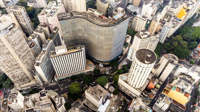 S&Atilde;O PAULO, BRAZIL, MARCH 13, 2023, Aerial view of the Copan is one of the most important and emblematic buildings in the city of S&atilde;o Paulo, located at number 200 on Avenida Ipiranga.