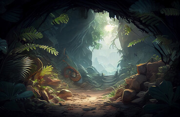 Obraz na płótnie Canvas Magical cave with natural plants, ray of light in the middle of the darkness, dark yet beautiful scenery of nature in the depth of earth, where the magic of the forest underworld is coming to life. 
