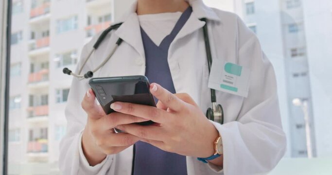 Hands, Phone And Doctor Typing Message, Email Or Checking Online Schedule At Hospital. Technology Zoom, Communication And Connect On Medical Social Media Post Or Internet Search For Healthcare Advice