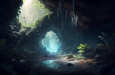 Obraz premium Magical cave with natural plants, ray of light in the middle of the darkness, dark yet beautiful scenery of nature in the depth of earth, where the magic of the forest underworld is coming to life AI 