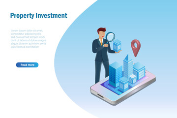 Real estate and property investment. Businessman hold magnifying glass inspect online property building in good location for investment. Vector.