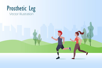 Disabled man with prosthetic leg running with woman in outdoor park. Disabled technology and lifestyle. Vector. 
