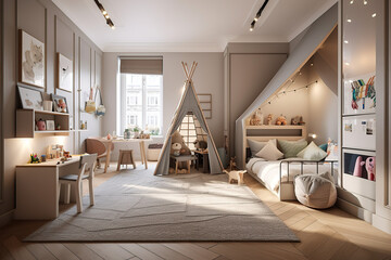 Cozy stylish bedroom designed for a teenager, kid, child, baby. luxury interior. 3D rendering, generative AI