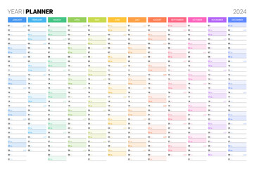 Yearly planner, calendar for 2024, colorful printable organizer template. Business schedule journal, 12 months set. Horizontal annual planner with space for notes vector illustration